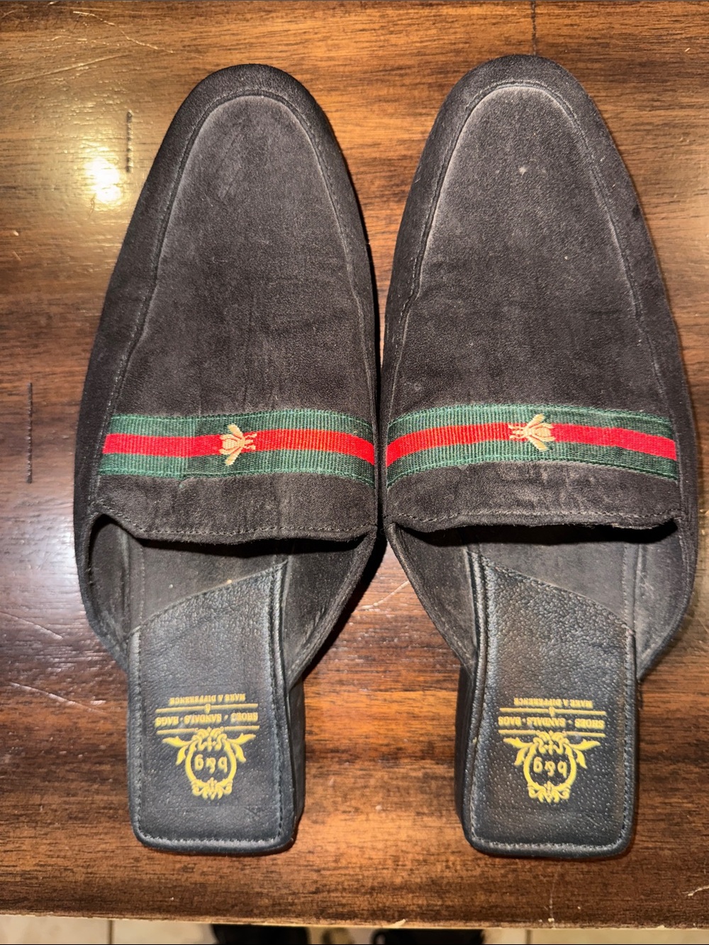 Black Suede Slip-On Loafers with Green & Red Ribbon Accent